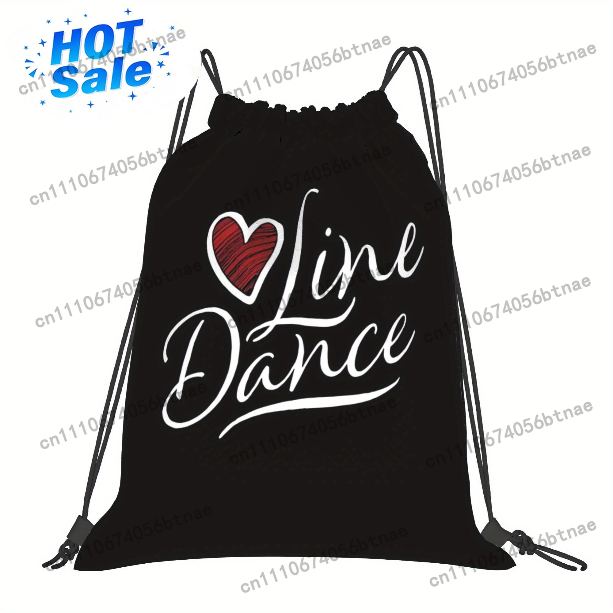 Drawstring Gym Bag - กระเป๋าเชือกรูด LOVE Line Dance - สีดำพร้อมลายหัวใจและตัวอักษรสีขาว,