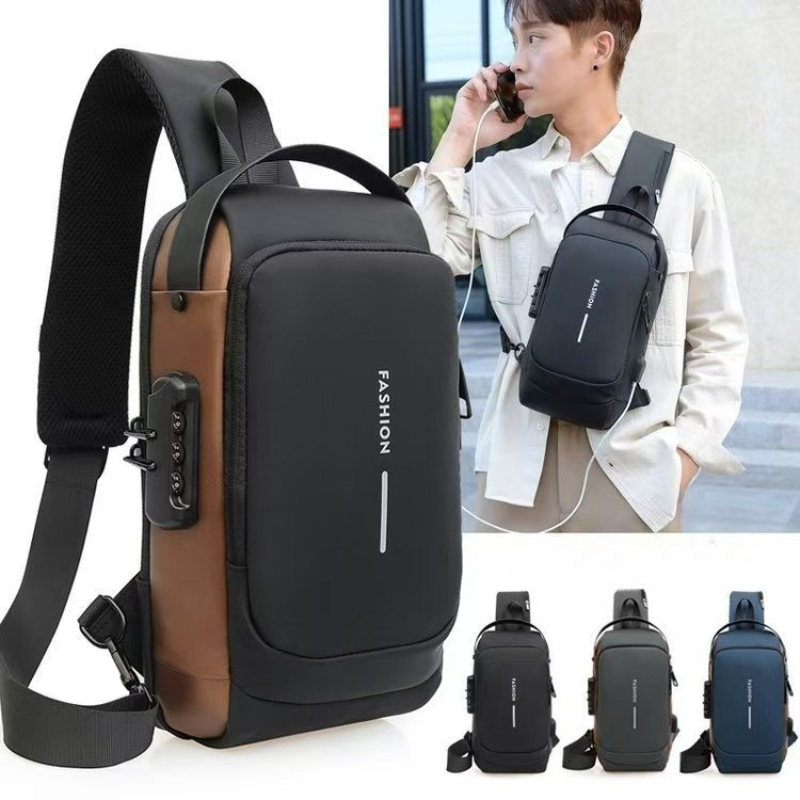 Sling Backpack Shoulder - กระเป๋าคาดอกผู้ชายสีดำคลาสสิกอเนกประสงค์ป้องกันการโจรกรรม ปี 2026 พร้อมพอร์ต USB กระเป๋าสะพายข้างแบบกันน้ำทนทานสำหรับผู้ชาย