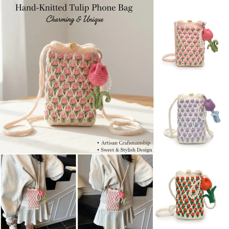 Mini Backpack Purse - กระเป๋าเป้สะพายหลังทำมือ กระเป๋าถือโครเชต์ลายดอกทิวลิปสีชมพู กระเป๋าโทรศัพท์ถักไหมพรม กระเป๋าสะพายไหล่ขนาดเล็กสำหรับผู้หญิง กระเป๋าโท้ทสำหรับวันเกิด ของขวัญใหม่